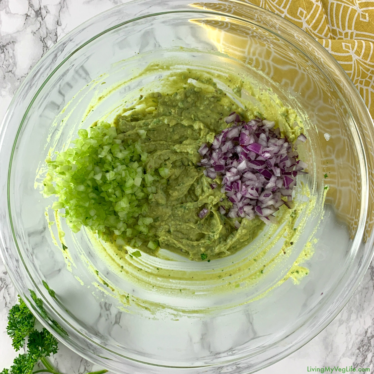 add the celery and red onions to the avocado mayo replacement