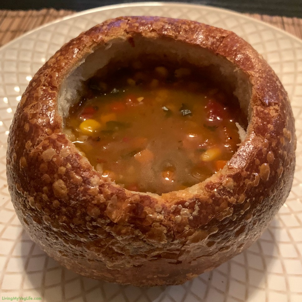 Panera Vegan Ten Vegetable soup bread bowl