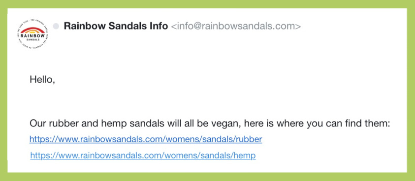 email from Rainbow Sandals saying that their hemp and rubber sandals are vegan-friendly