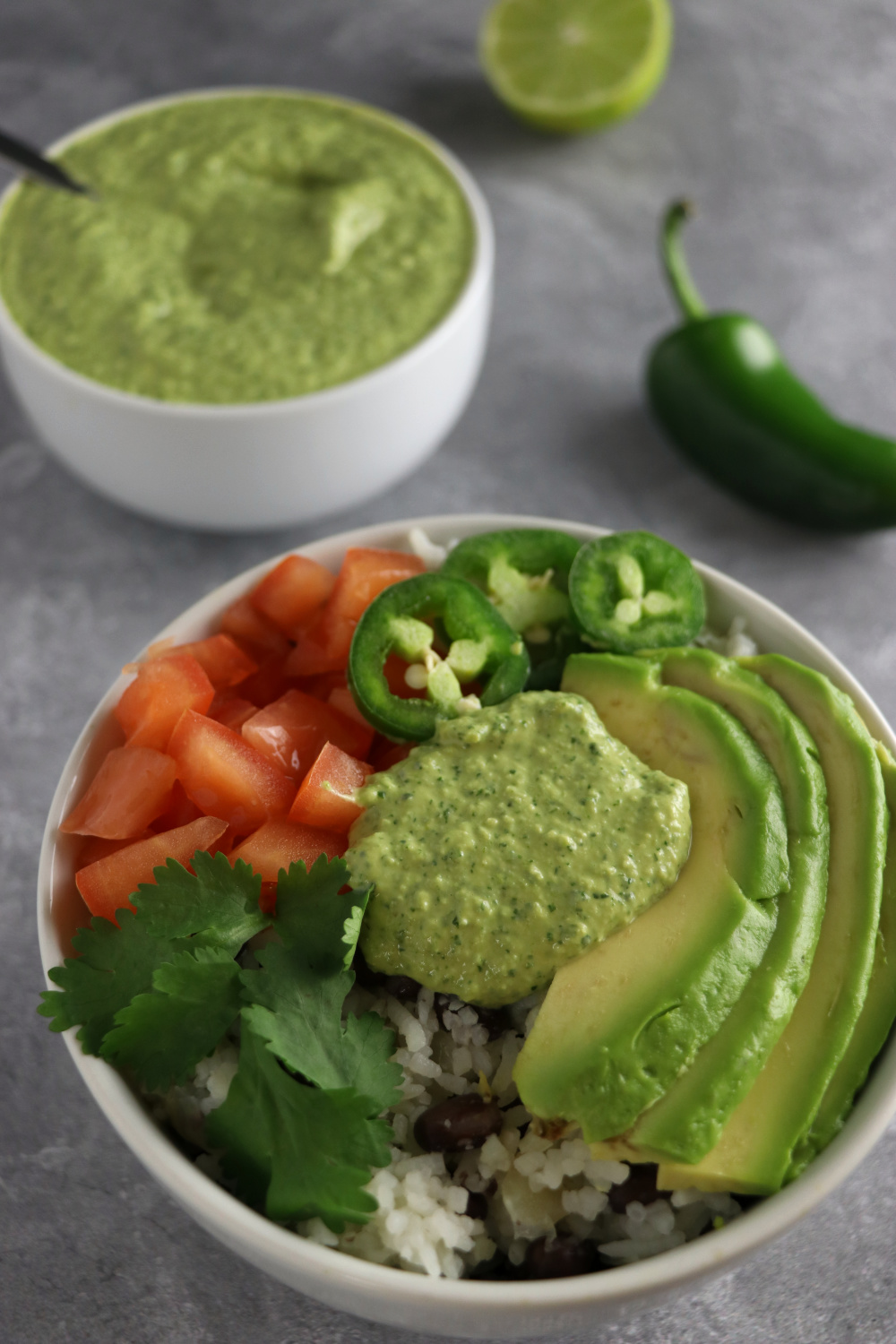 vegan cilantro lime crema in burrito bowl