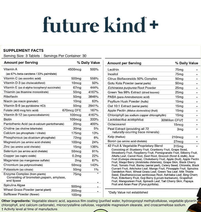 future kind vegan complete multivitamin nutrition facts